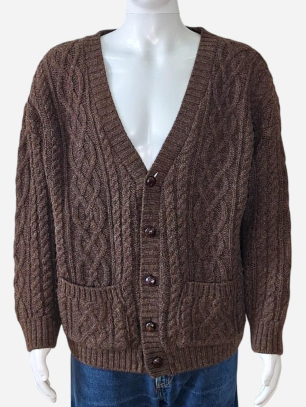 Irish Wool brown cable knit cardigan with button front and pockets Size Large